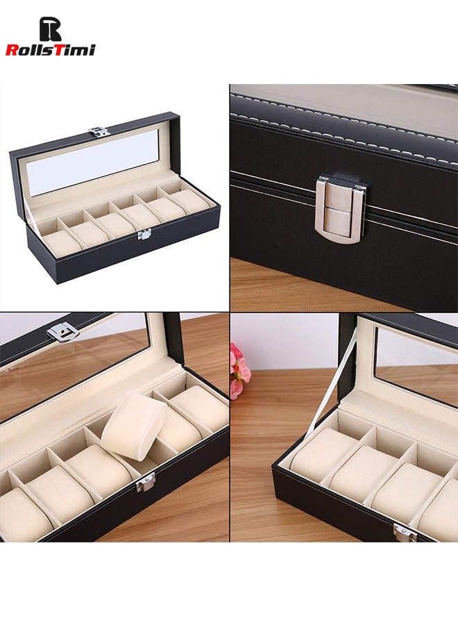 رولستيمي 6 فتحات ووتش صناديق ، مستطيل الساعات عرض حالة مع غطاء زجاجي و الوسائد القابلة للإزالة للرجال النساء ووتش المنظم - Image 3