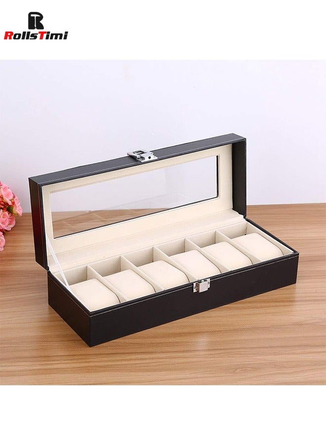 رولستيمي 6 فتحات ووتش صناديق ، مستطيل الساعات عرض حالة مع غطاء زجاجي و الوسائد القابلة للإزالة للرجال النساء ووتش المنظم - Image 2