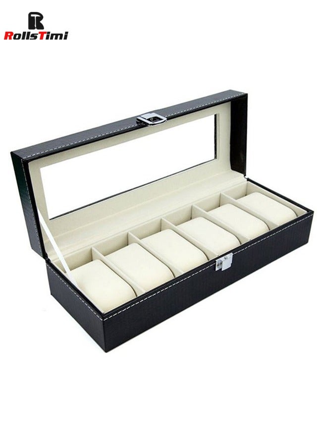رولستيمي 6 فتحات ووتش صناديق ، مستطيل الساعات عرض حالة مع غطاء زجاجي و الوسائد القابلة للإزالة للرجال النساء ووتش المنظم - Image 4