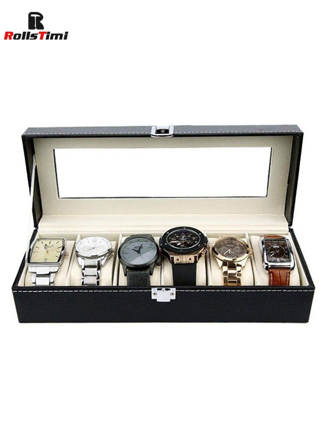 رولستيمي 6 فتحات ووتش صناديق ، مستطيل الساعات عرض حالة مع غطاء زجاجي و الوسائد القابلة للإزالة للرجال النساء ووتش المنظم - Image 5