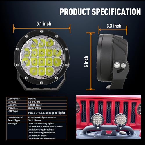 BIGLION.X Pair 160w 5 Inch Round Led Offroad Driving Lights Fog Lights 18800LM Offroad Spot Light Driving Light Pods Light Bar with Wiring Harness 12V 24V for Car Trucks SUV UTV ATV - Image 3