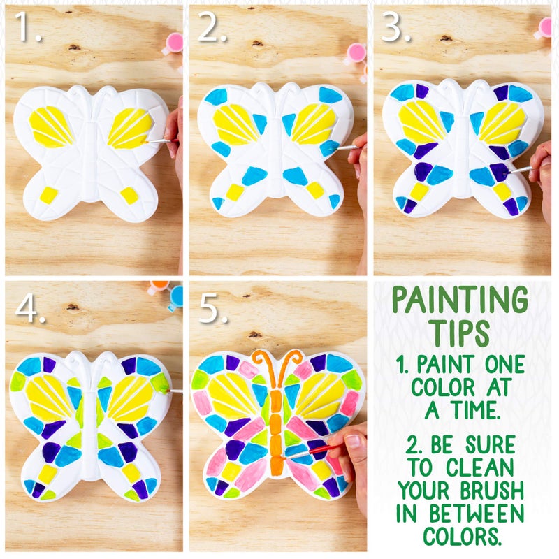 Creative Roots Mosaic Butterfly Stepping Stone Kit, Includes 7-Inch Ceramic Stepping Stone & 6 Vibrant Paints, Paint Your Own Stepping Stone, DIY Stepping Stone for Kids Ages 8+ White - Image 4