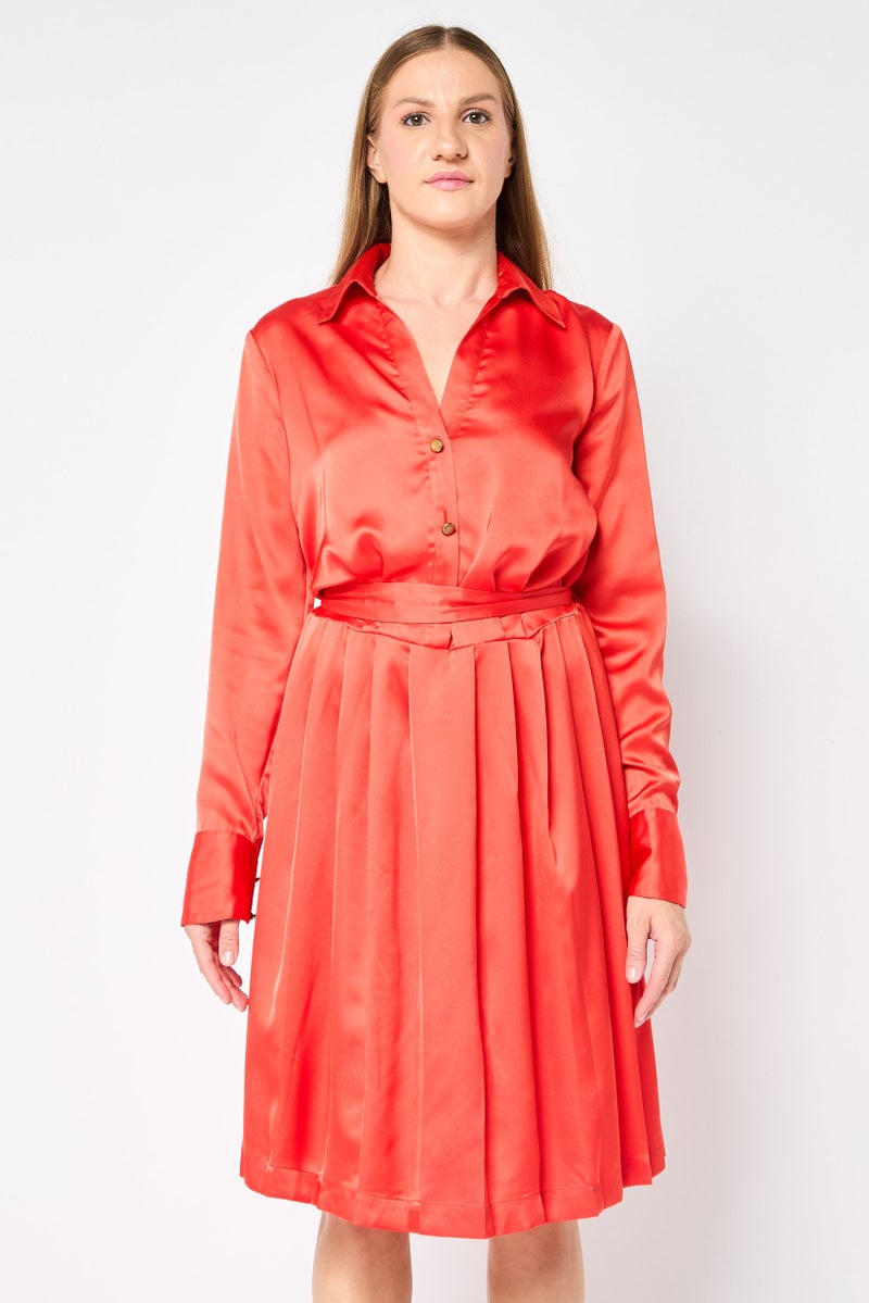 Guess x Marciano Women Tie Waist Pleated Mini Dress, Orange - Image 1