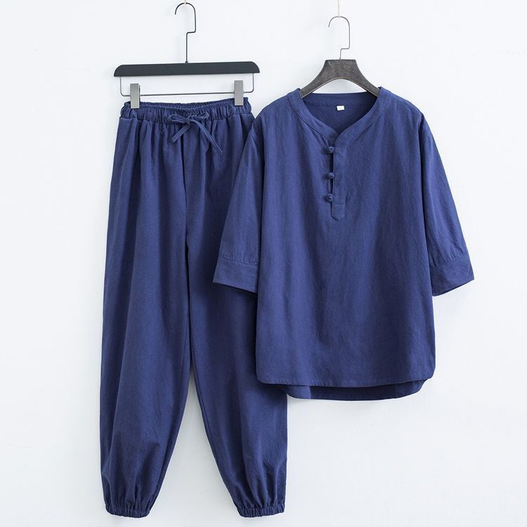 Summer Chinese Style Mens Casual Cotton Linen T-shirt Set navy blue suit 