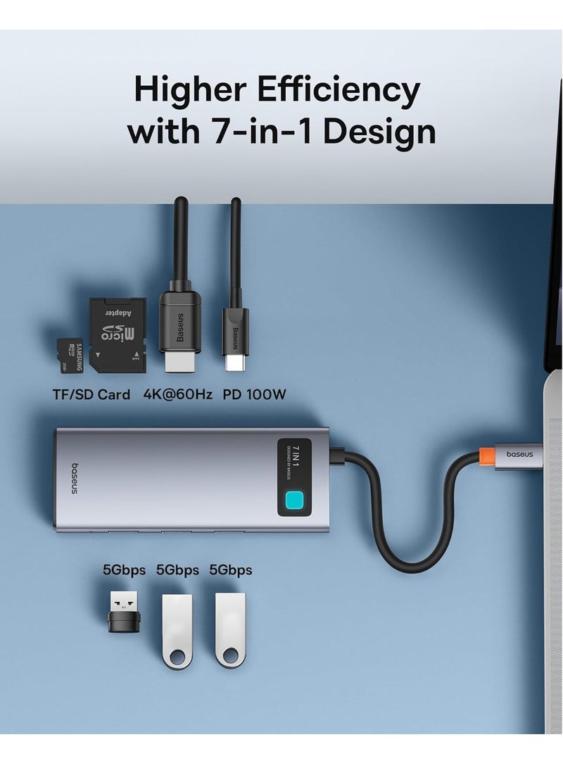بيسوس محول USB C Hub متعدد المنافذ مع HDMI 4K@60 هرتز، قاعدة USB C 7 في 1 مع شحن 100 وات، 3 منافذ USB-A بسرعة 5 جيجابت في الثانية، قارئ بطاقة TF/SD، محور USB لأجهزة الكمبيوتر المحمول المتوافقة مع أنظمة التشغيل Windows/Mac/iPad/Steam Deck/Rog Ally رمادي02 - Image 2