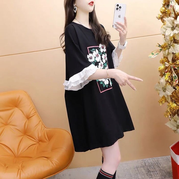 Plus Size 1.00 Kg-150.00 Kg Lazy Style All-Match Short-Sleeve T-Shirt Women'S Summer Loose Stitching Lace Flower Design Top - Image 1
