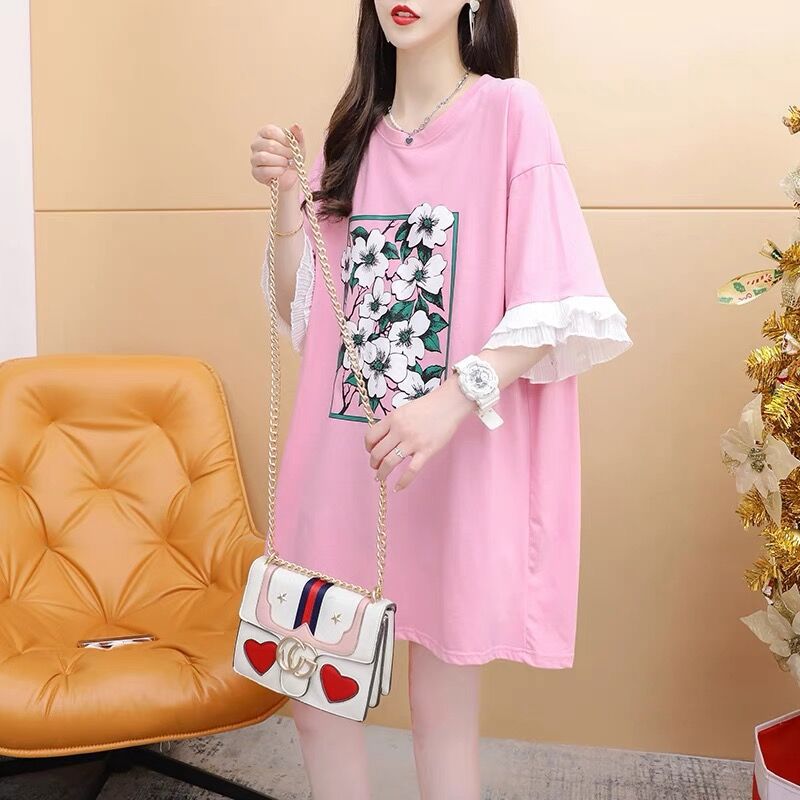 Plus Size 1.00 Kg-150.00 Kg Lazy Style All-Match Short-Sleeve T-Shirt Women'S Summer Loose Stitching Lace Flower Design Top - Image 2