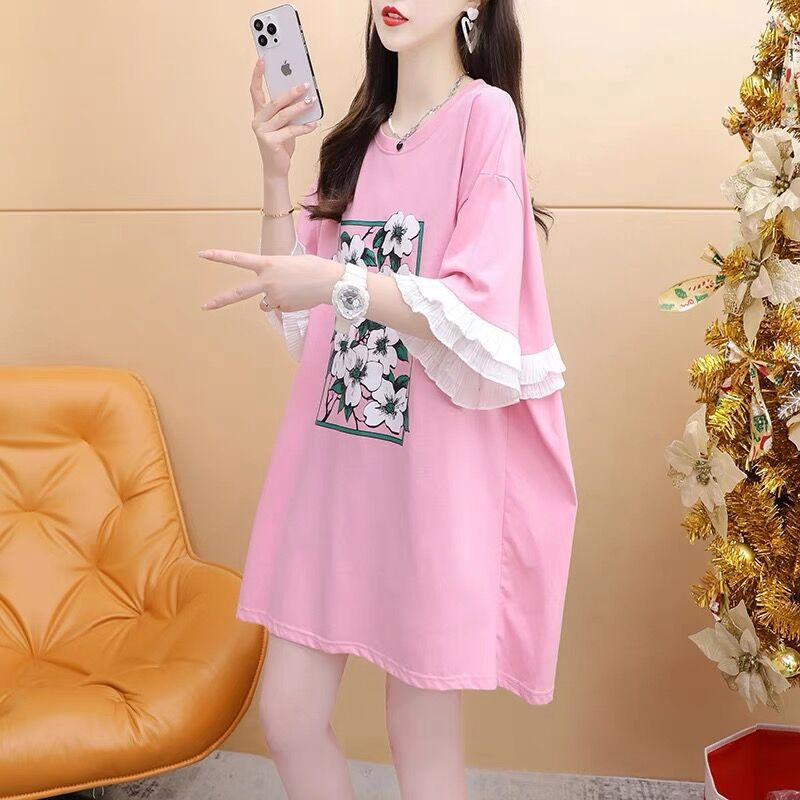 Plus Size 1.00 Kg-150.00 Kg Lazy Style All-Match Short-Sleeve T-Shirt Women'S Summer Loose Stitching Lace Flower Design Top - Image 3