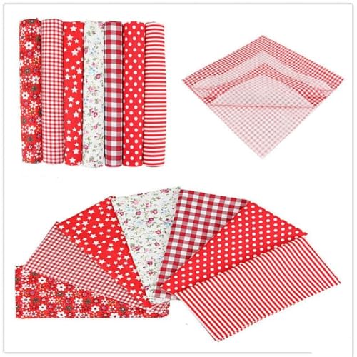 YSSZAM 7Pcs Top Red Cotton Craft Fabric Bundle Squares Patchwork DIY Sewing Scrapbooking Quilting Floral Dot Pattern Craft and Hobby Fabric 10" x 10" (25cm x 25cm) - Image 3