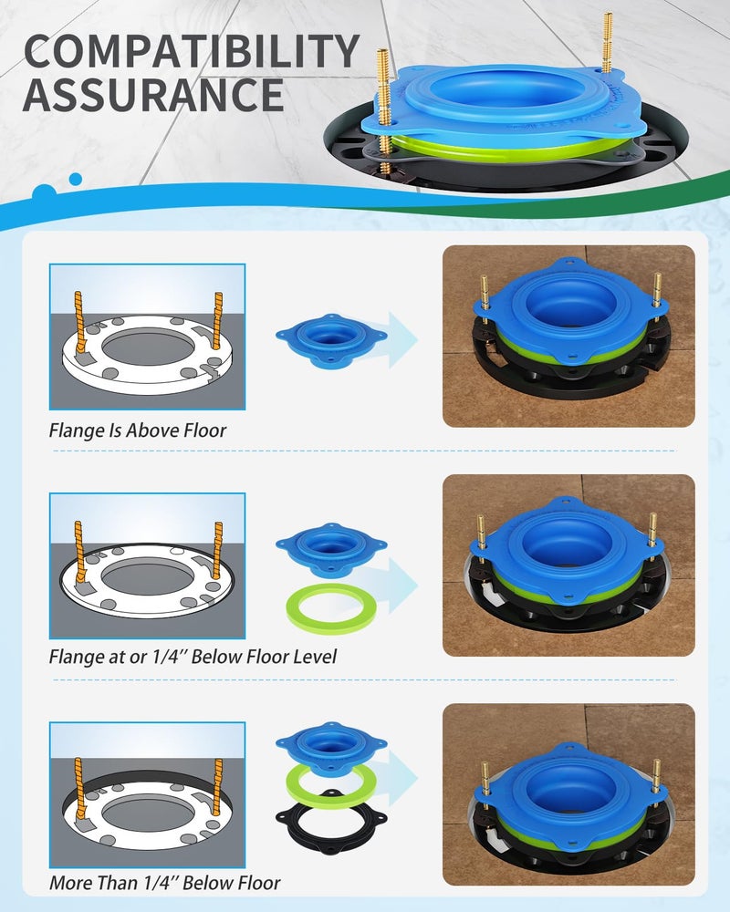MENNTY Toilet Flange Repair Kit with Flange & Elastic Wax Ring for Toilet Install, Toilet Ring Seal, Rubber Toilet Gasket Seal Replacement Kit Include Hardware Nuts, Washer, Bolts and Bolt Caps - Image 3