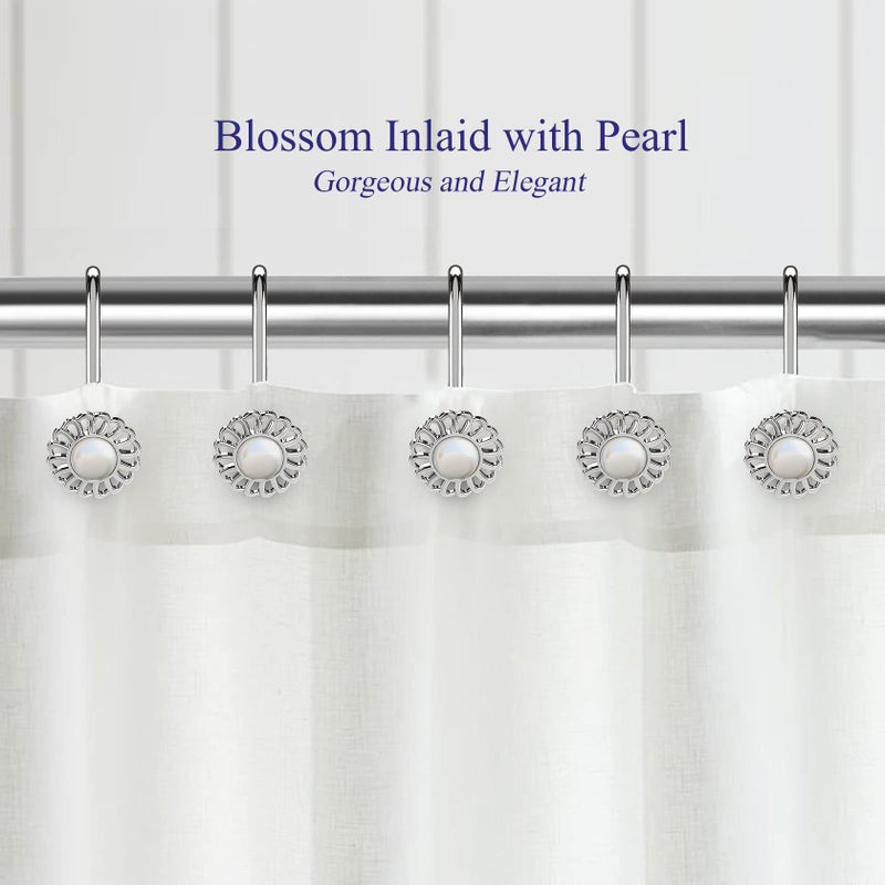 iToplin Silver Shower Curtain Hooks Rings, Decorative Shower Curtain Hangers, Heavy Duty Metal Shower Rings, Sunflower Shower Hooks for Shower Curtain Rod and Liner, Bathroom Curtain Hooks, Chrome, iToplin - Image 2