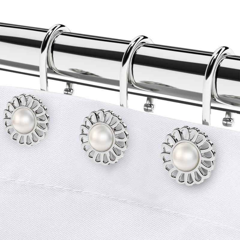 iToplin Silver Shower Curtain Hooks Rings, Decorative Shower Curtain Hangers, Heavy Duty Metal Shower Rings, Sunflower Shower Hooks for Shower Curtain Rod and Liner, Bathroom Curtain Hooks, Chrome, iToplin - Image 1