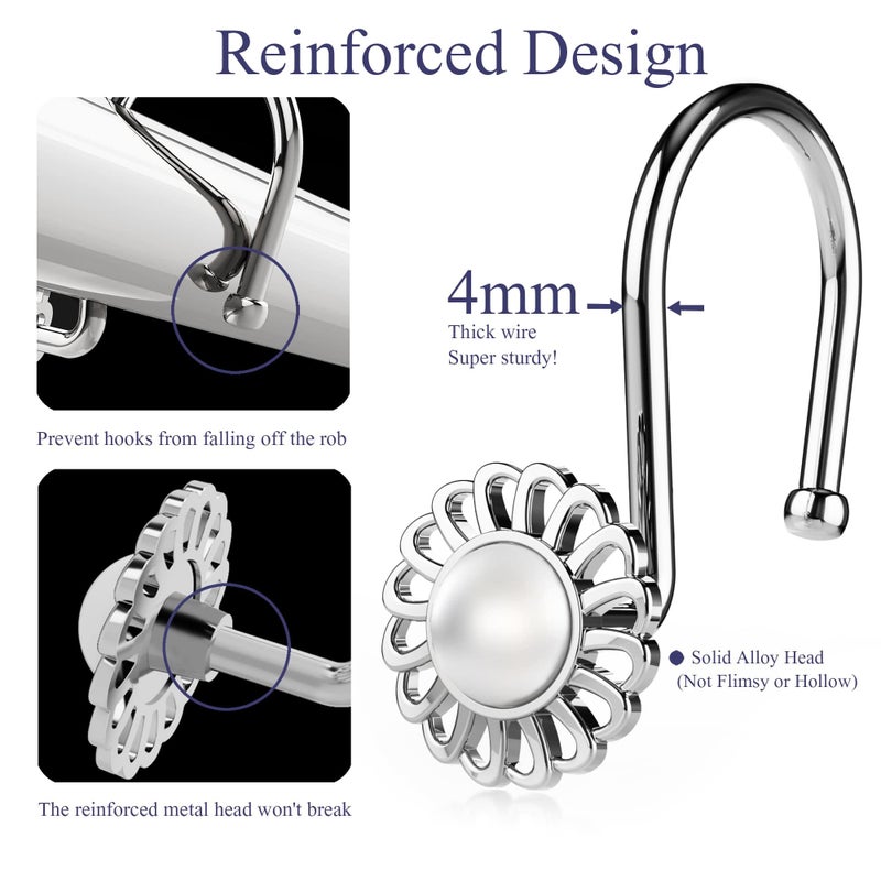 iToplin Silver Shower Curtain Hooks Rings, Decorative Shower Curtain Hangers, Heavy Duty Metal Shower Rings, Sunflower Shower Hooks for Shower Curtain Rod and Liner, Bathroom Curtain Hooks, Chrome, iToplin - Image 5