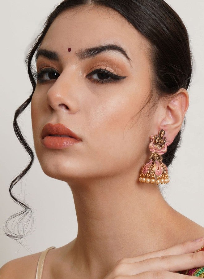 Karatcart Antique Gold Plated Pink Mata Laxmi Jhumki Earrings for Women - Image 2