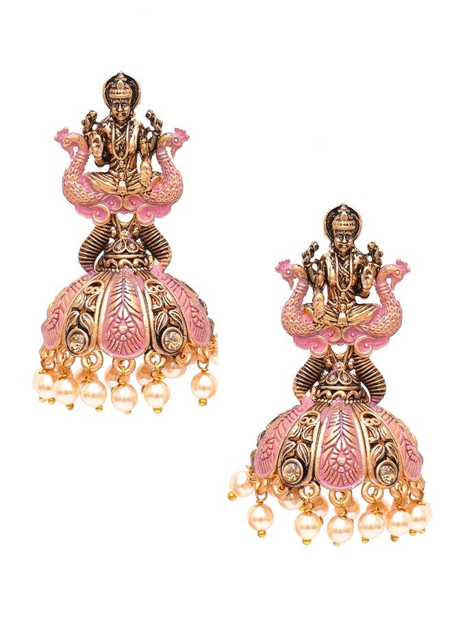Karatcart Antique Gold Plated Pink Mata Laxmi Jhumki Earrings for Women - Image 1