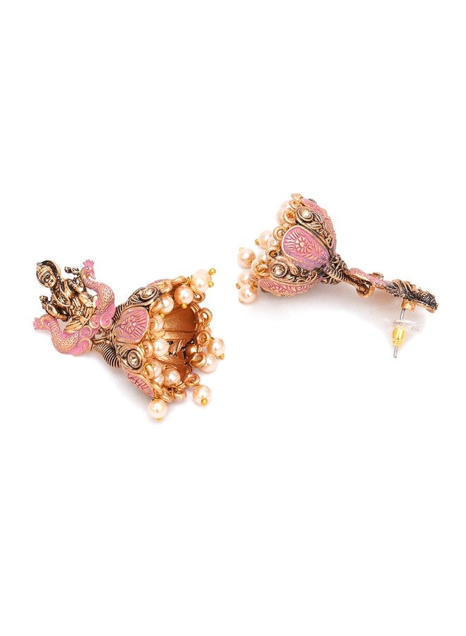 Karatcart Antique Gold Plated Pink Mata Laxmi Jhumki Earrings for Women - Image 4