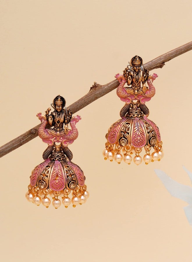 Karatcart Antique Gold Plated Pink Mata Laxmi Jhumki Earrings for Women - Image 3