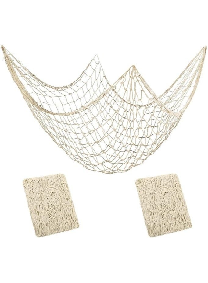 2 pieces of natural fishing nets measuring 1 meter by 2 meters, decorated with natural cotton beach ornaments in beige color - Image 1