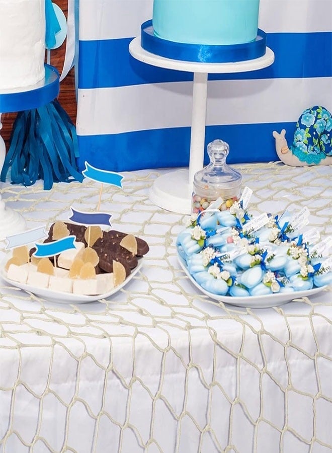 2 pieces of natural fishing nets measuring 1 meter by 2 meters, decorated with natural cotton beach ornaments in beige color - Image 5