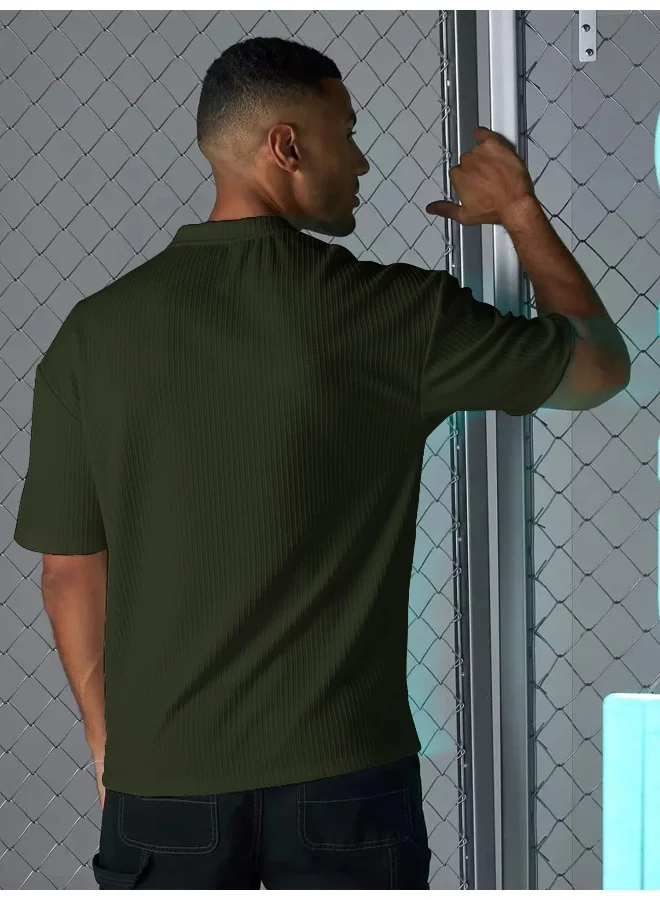 مانياك تيشيرت رجالي مقاس كبير بياقة دائرية وأكمام 3/4 من القطن المخلوط بلون زيتوني
