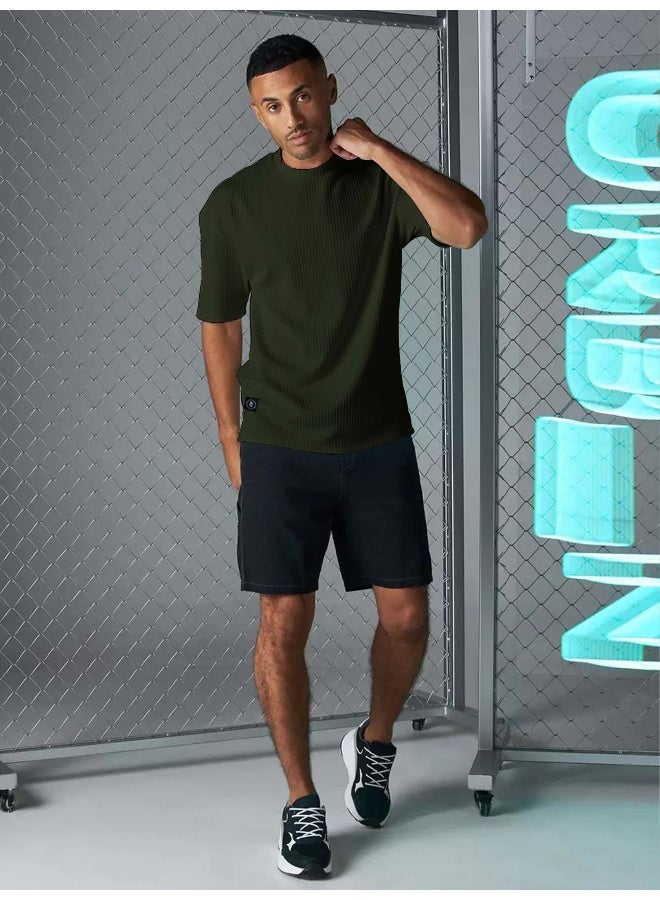 مانياك تيشيرت رجالي مقاس كبير بياقة دائرية وأكمام 3/4 من القطن المخلوط بلون زيتوني - Image 5