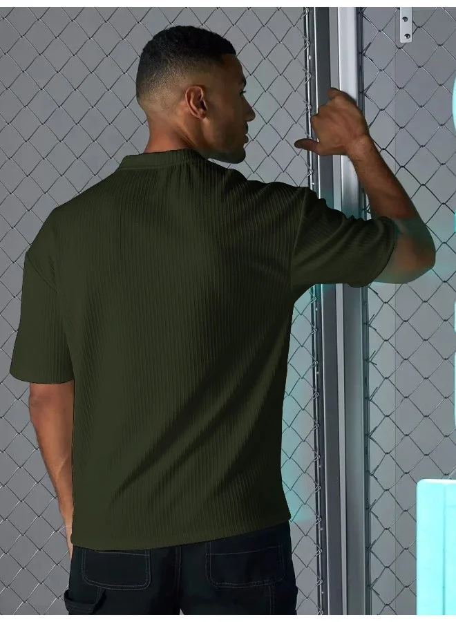 Maniac Maniac Mens Solid Round Neck Half Sleeve Olive Seersucker CottonBlend Oversized T-Shirt