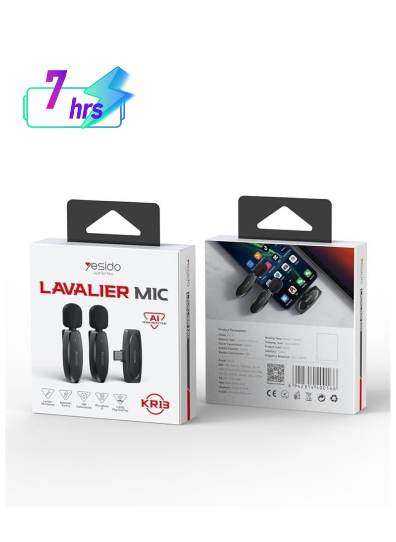 Yesido - LAVALIER MIC KR13 Noise AI Reduction Best Microphone For Vlogers Black - Image 1