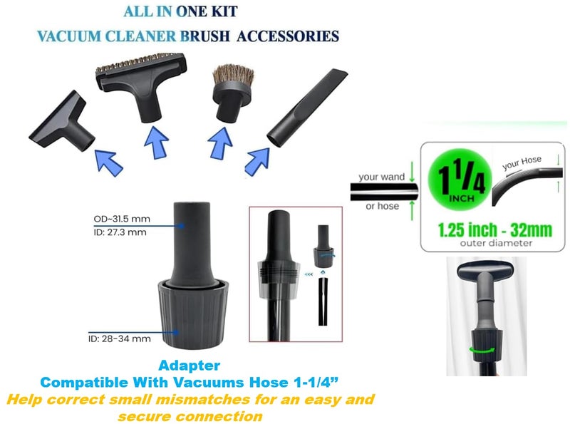 VACEXT 1.25 Inch Vacuum Brush Attachment Kit with Hose Adapter - Fit Vacuums Using 1-1/4'' Accessories (Wand/Hose Outer Diameter 1.25'') - For Small Shop Vacs: Horse Hair Dust Brush and More (6 Pack) - Image 2
