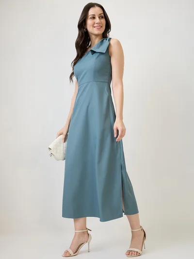 globus Women Blue One Shoulder Bow Detail Side Slit A-Line Maxi Party Dress