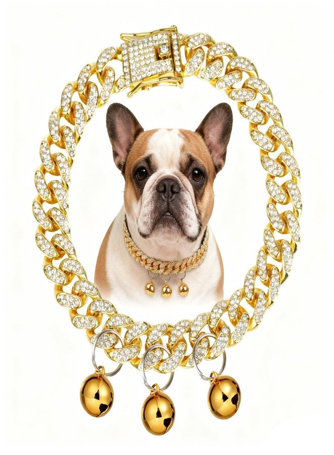 Fengek Cuban Link Dog Collar with 3 Bells - Gold Metal Chain Dog Necklace, Bell Collar & Pet Accessories for Boy Dogs (Gold, 10 Inch) - Image 1