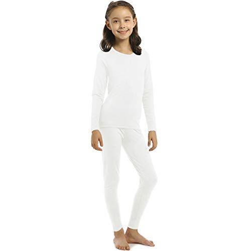 ViCherub Girl’s Thermal Underwear Set Kids Long Johns Fleece Lined Base Layer Top & Bottom Thermals for Girl Cream White Large - Image 1