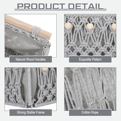 Vesici 4 Pcs Grey Macrame Storage Basket for Shelves 13 in 11 in Boho Storage Basket Hand Woven Boxes with Wood Handles Beads Decorative Countertop Toilet Tank Cabinet Organizer for Home Room Decor - Image 3