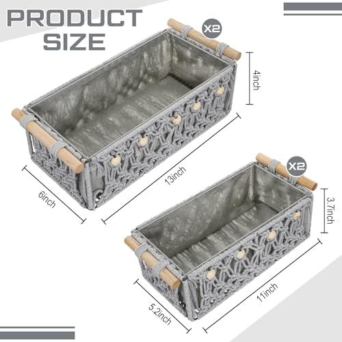 Vesici 4 Pcs Grey Macrame Storage Basket for Shelves 13 in 11 in Boho Storage Basket Hand Woven Boxes with Wood Handles Beads Decorative Countertop Toilet Tank Cabinet Organizer for Home Room Decor - Image 2