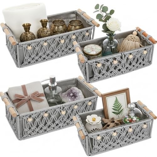 Vesici 4 Pcs Grey Macrame Storage Basket for Shelves 13 in 11 in Boho Storage Basket Hand Woven Boxes with Wood Handles Beads Decorative Countertop Toilet Tank Cabinet Organizer for Home Room Decor - Image 1