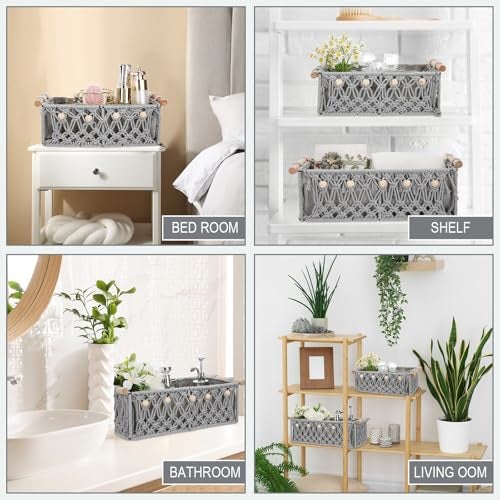 Vesici 4 Pcs Grey Macrame Storage Basket for Shelves 13 in 11 in Boho Storage Basket Hand Woven Boxes with Wood Handles Beads Decorative Countertop Toilet Tank Cabinet Organizer for Home Room Decor - Image 4