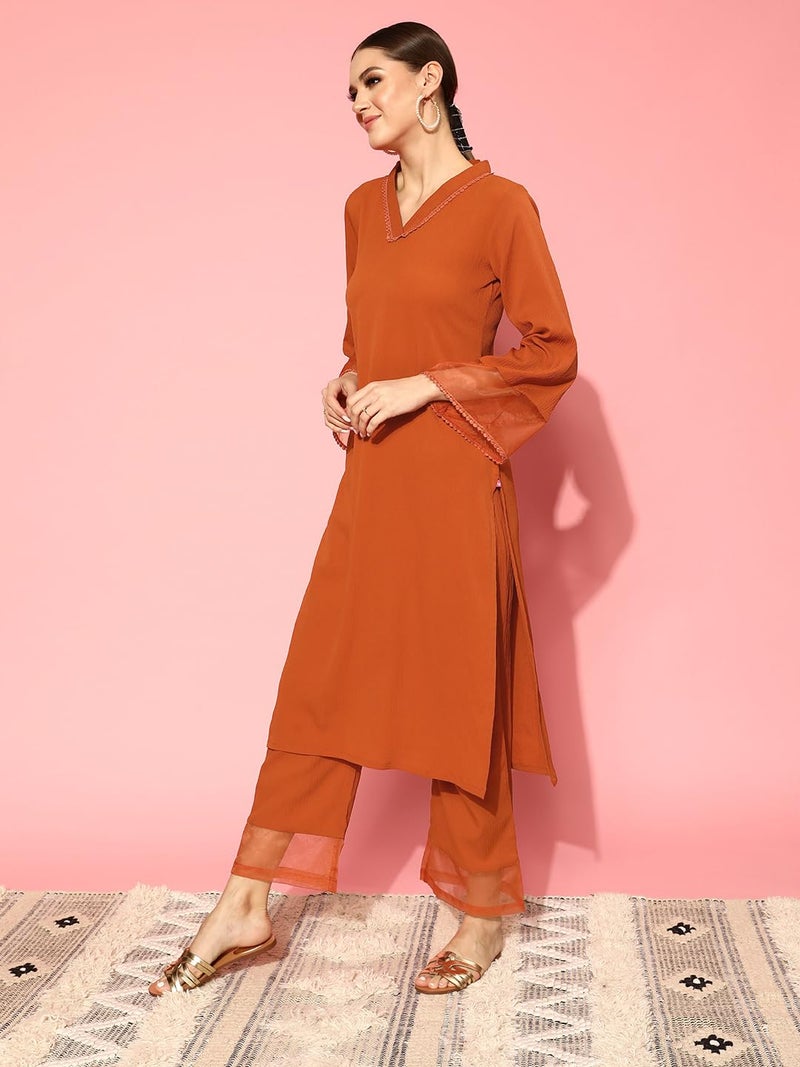 Varanga Women Straight fit Rust kurta with a tonal bottom, designed for comfortable casual and semi formal wear. - Image 3