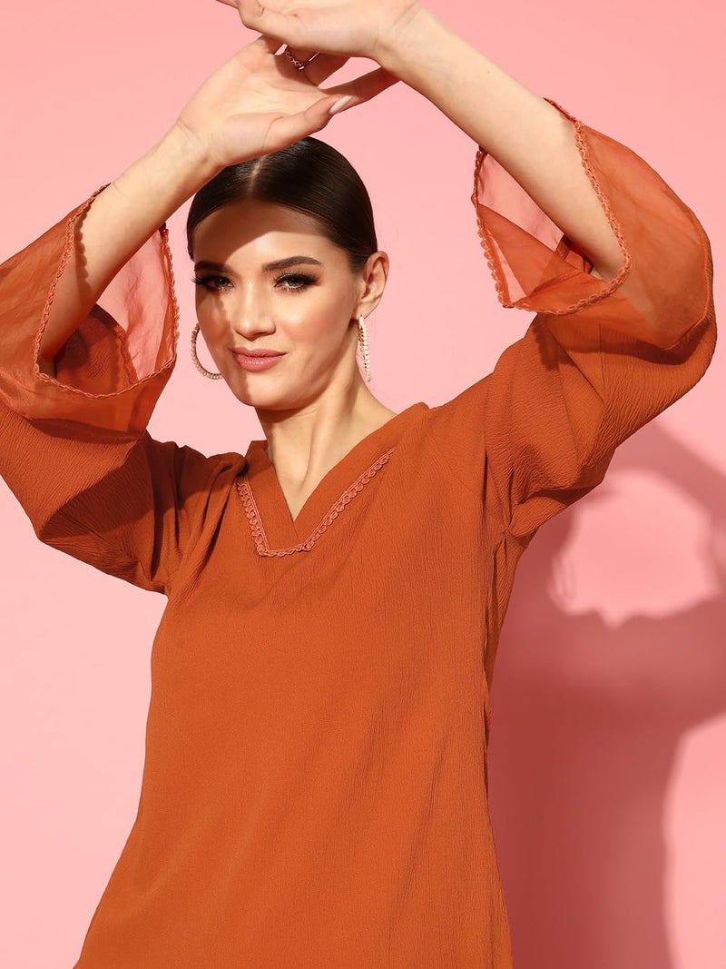 Varanga Women Straight fit Rust kurta with a tonal bottom, designed for comfortable casual and semi formal wear. - Image 5