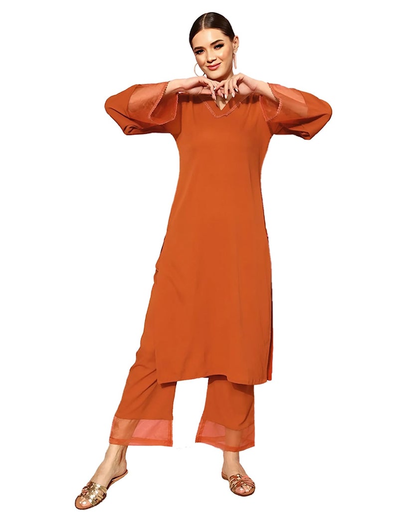 Varanga Women Straight fit Rust kurta with a tonal bottom, designed for comfortable casual and semi formal wear. - Image 1