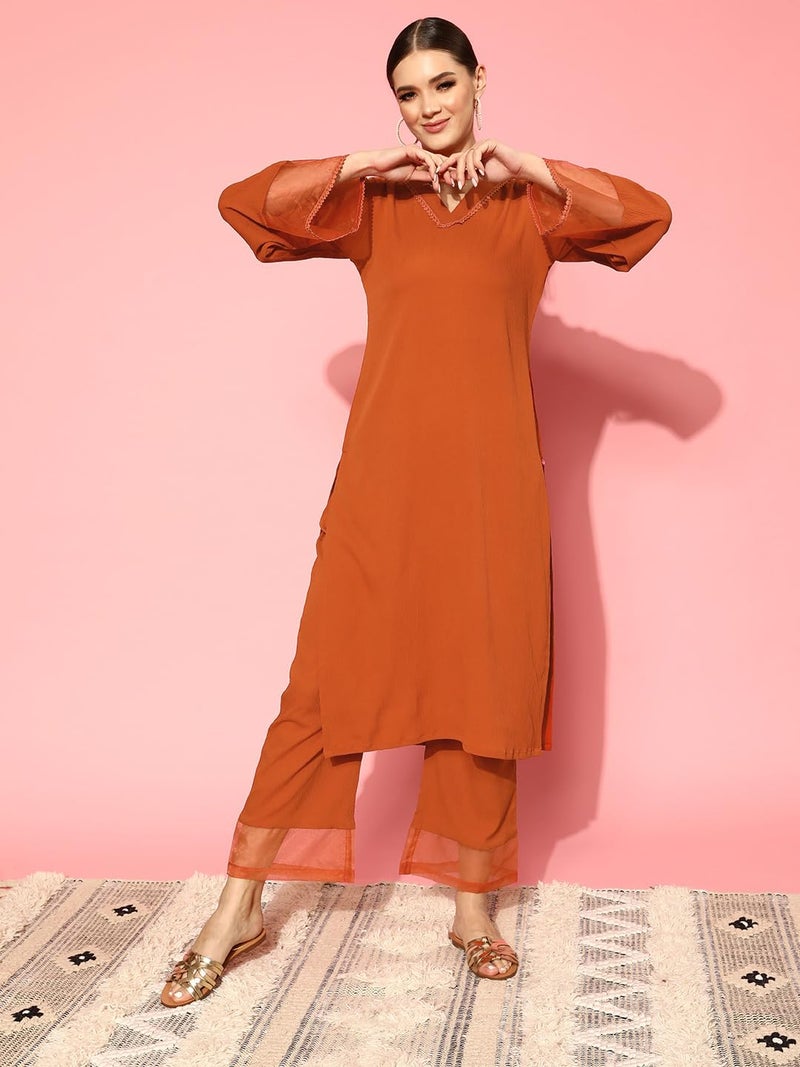 Varanga Women Straight fit Rust kurta with a tonal bottom, designed for comfortable casual and semi formal wear. - Image 2
