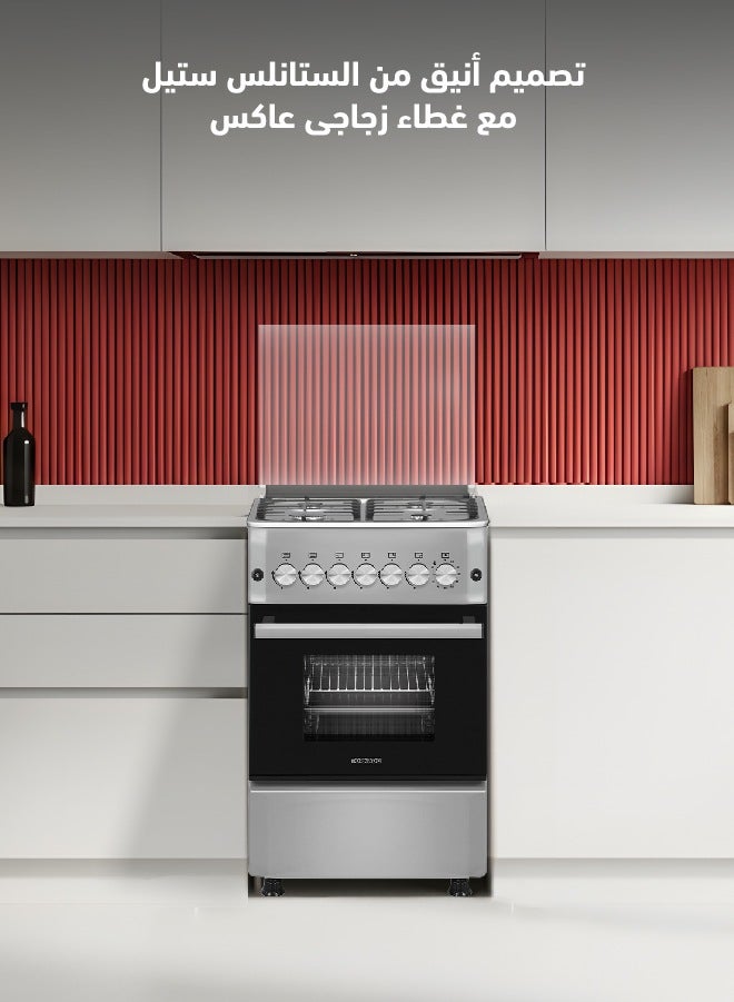 تورنيدو فرن طبخ غاز قائم بذاته 50*55 ،ستانلس ستيل، أربعة شعلات ساباف، أمان كامل، إشعال تلقائي، 2 مفتاح للفرن والشواية، حوامل من الحديد الزهر، تركي الصنع، 6T40BBS2W11SA - Image 3