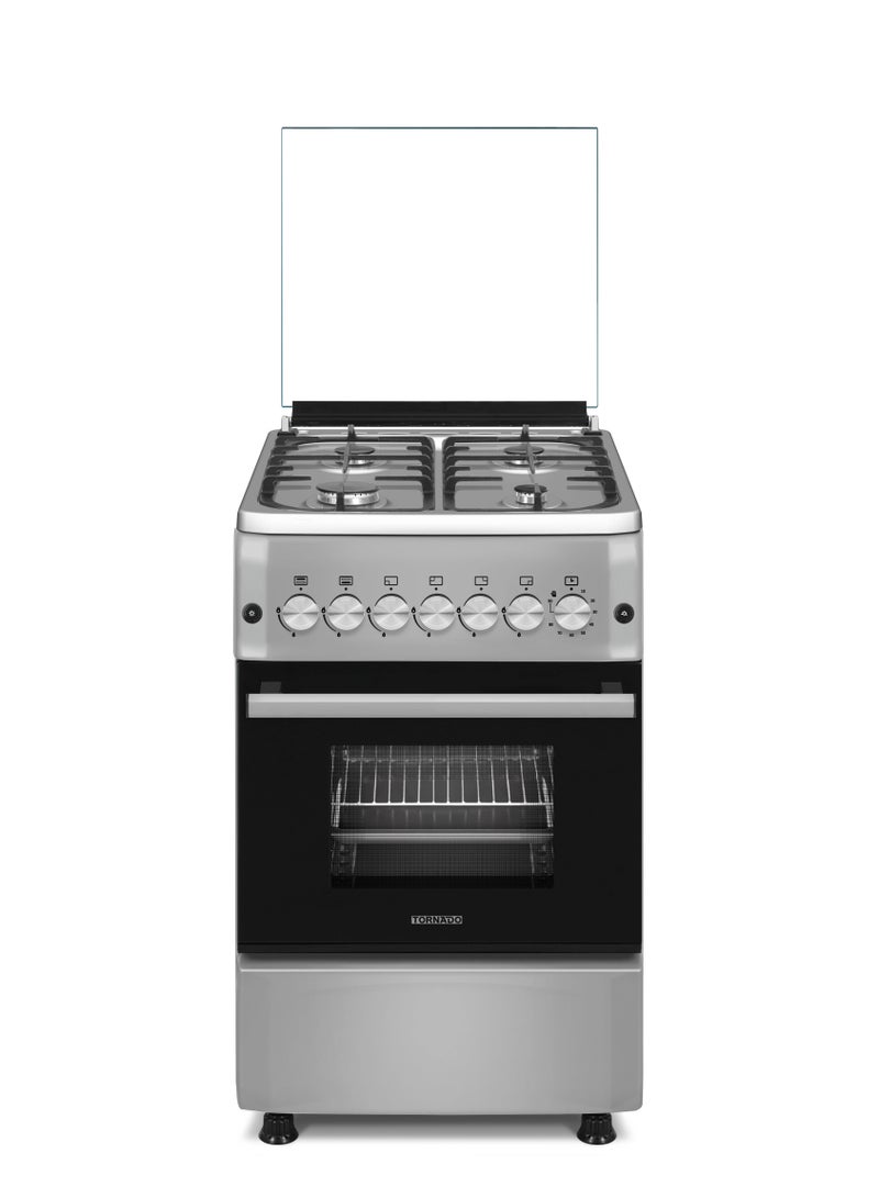 TORNADO Tornado 50 x 55 cm Freestanding Cooker, Full Gas Cooking Range with 4 Burners, Automatic Ignition & full Safety, Double Knob, Cast Iron Pan Support, Stainless Steel Finish, Turkey, 6T40BBS2W11SA