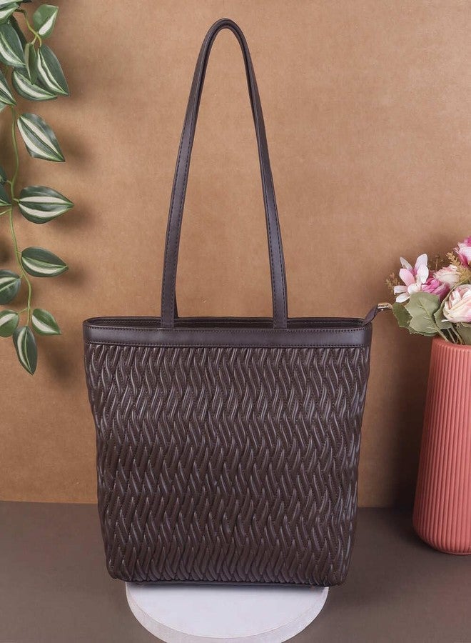 Metro Women Brown Faux Leather Textured Tote Bag with Spacious Compartments (66-577) - Image 2