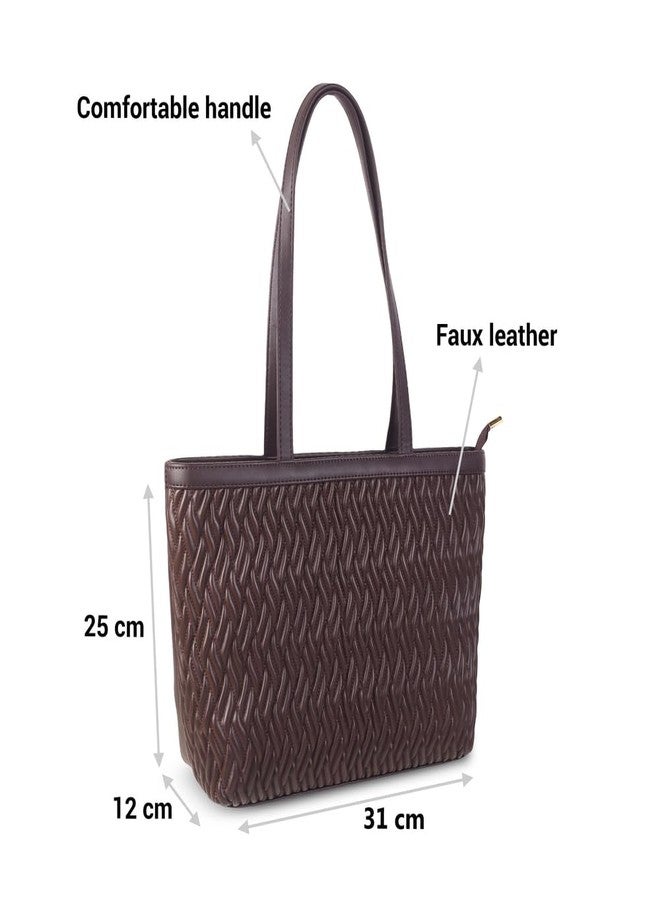 Metro Women Brown Faux Leather Textured Tote Bag with Spacious Compartments (66-577) - Image 3