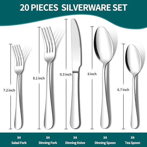 ENLOY 20 Piece Silverware Set, ENLOY Stainless Steel Flatware Cutlery Set, Kitchen Utensil Set Service for 4, Include Knife Fork Spoon, Mirror Polished, Dishwasher Safe - Image 2