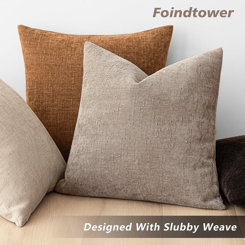Foindtower Set of 2 Soft Textured Chenille Throw Decorative Pillow Covers Square Accent Solid Cushion Cover Cozy Neutral Farmhouse Pillow Case for Couch Sofa Bedroom Living Room 16x16 Inch,Light Taupe - Image 5