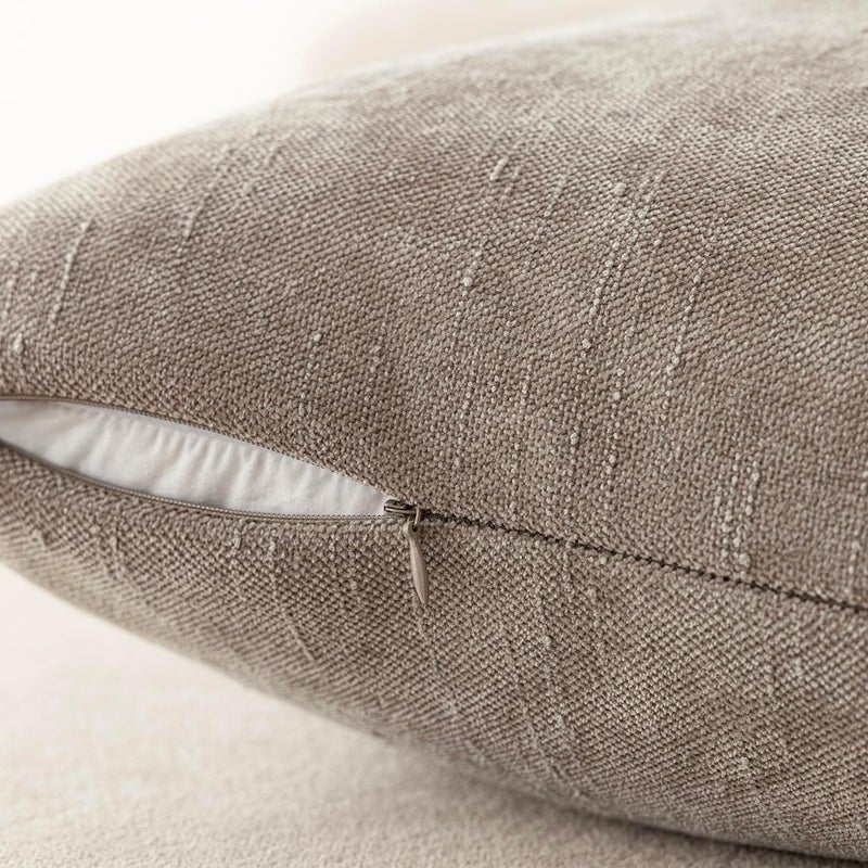 Foindtower Set of 2 Soft Textured Chenille Throw Decorative Pillow Covers Square Accent Solid Cushion Cover Cozy Neutral Farmhouse Pillow Case for Couch Sofa Bedroom Living Room 16x16 Inch,Light Taupe - Image 3