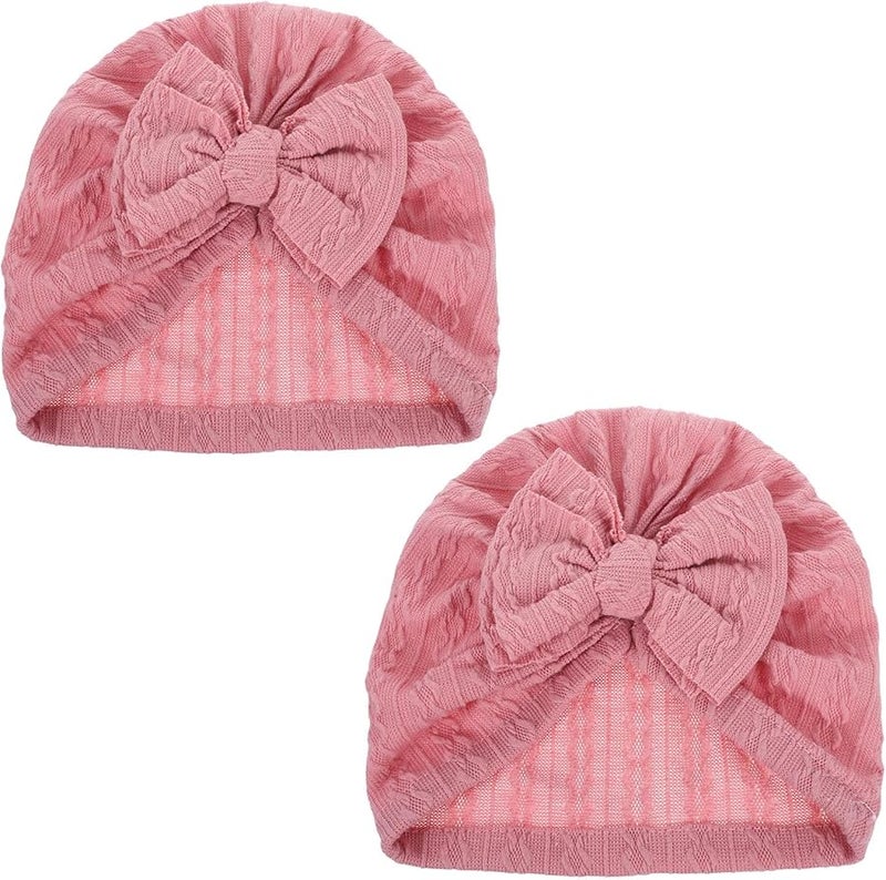 Pink Baby Bow Turban Hats 2 Pack Soft Stretchy Breathable Newborn Headwraps - Image 1