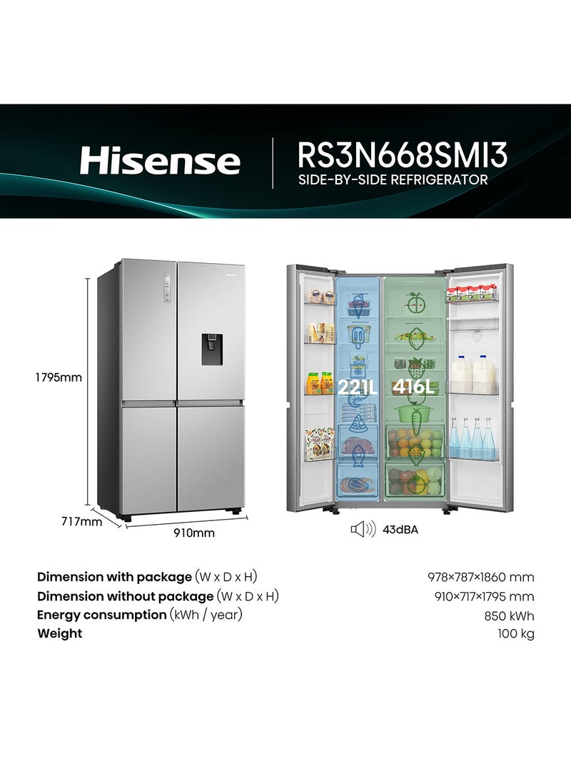 Hisense Gross 869L/Net 649L Side By Side Refrigerator Fridge RS3N668SMI3, Non Plumbed Water Despenser, Multi Air Flow, Super Freeze, Super Cool, Dual Temp Control Zone, Durable Inverter RS3N668SMI3 Silver - Image 3