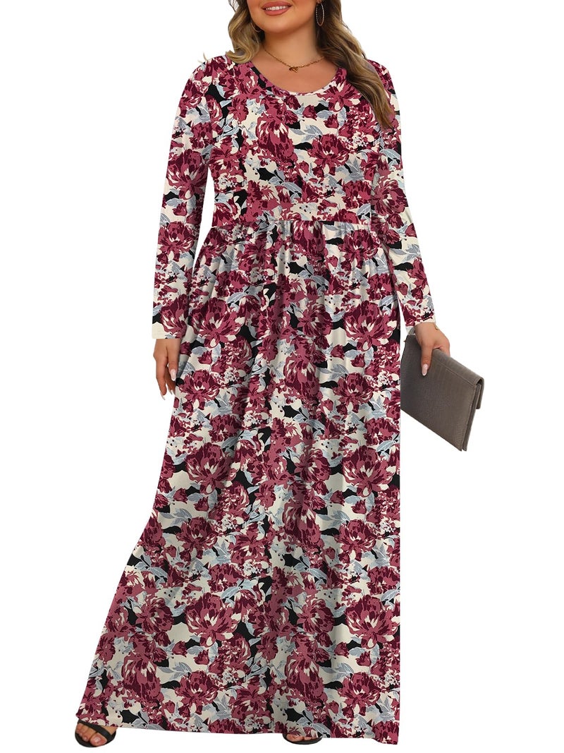 Tencede Womens Plus Size Maxi Dresses Long Sleeve with Pockets Casual Long Dress Retro Flower 3X - Image 3