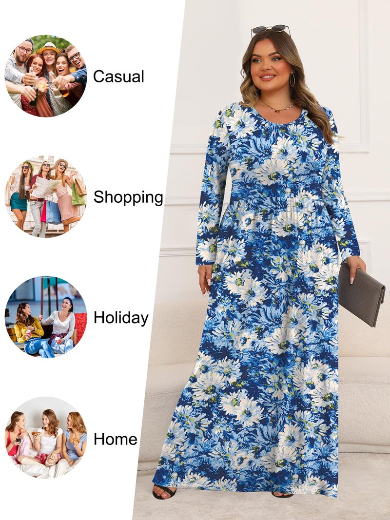 Tencede Womens Plus Size Maxi Dresses Long Sleeve with Pockets Casual Long Dress Retro Flower 3X - Image 5